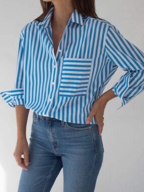 AYR The Deep End Striped Button Up Shirt Blue M Contemporary
